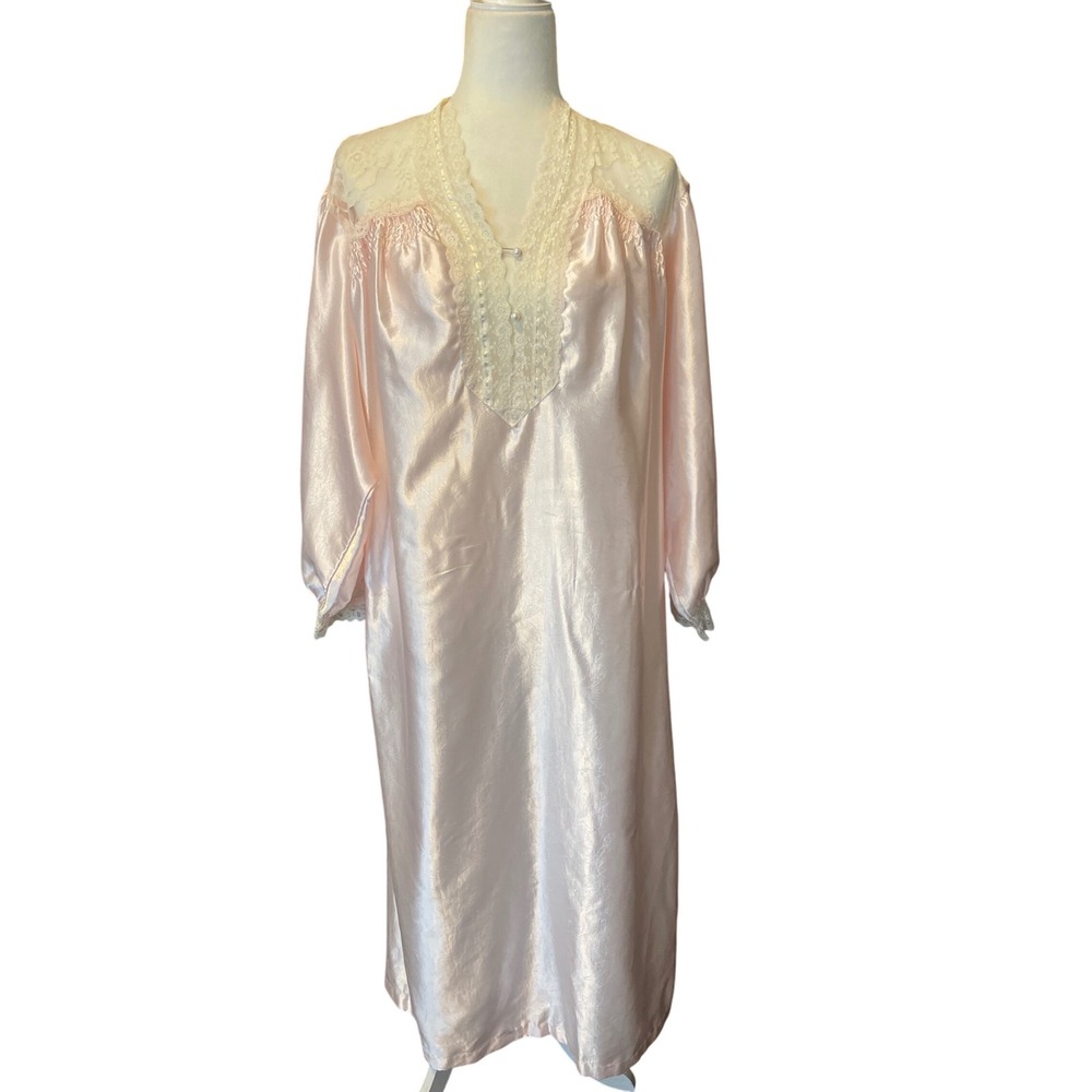 Ilise Stevens Pink Satin Lace Long Sleeve Nightgown Robe Size M